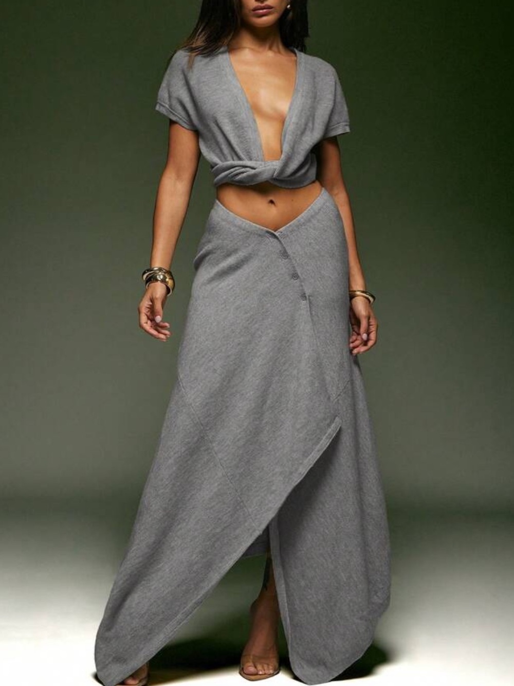 Gray Two-Piece Skirt Set — Modern Wrap Maxi